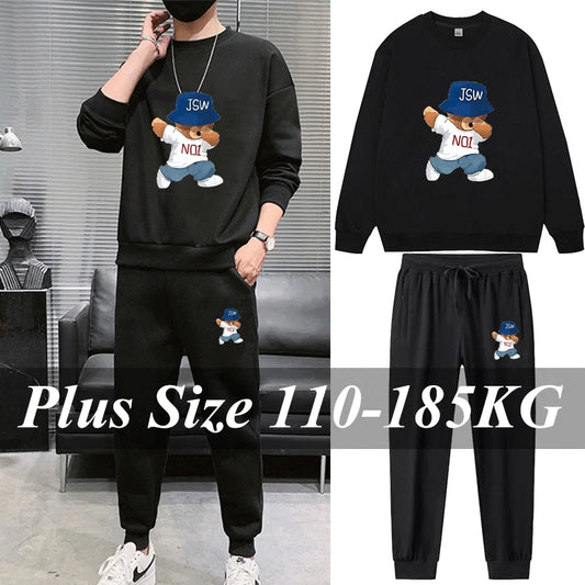 2pcs Men's Sweatshirt Sweatpants Plus Size 1XL-7XL Sports Fashion Casual Printed Male Round Neck Pullover Trousers Set 110-185KG