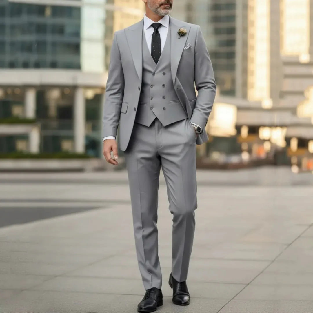 Men Suit Gray 3 Pieces Solid With Lapel For Wedding Groom Party Prom Birthday Banquet Business Work Set Jacket Vest With Pants