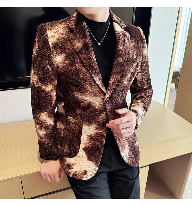High QualityTie Dye Chenille Men Fashion Casual Suit Jacket Autumn Winter New Korean Slim Fit Social Wedding Suit Blazer