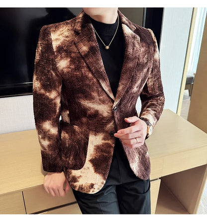 High QualityTie Dye Chenille Men Fashion Casual Suit Jacket Autumn Winter New Korean Slim Fit Social Wedding Suit Blazer
