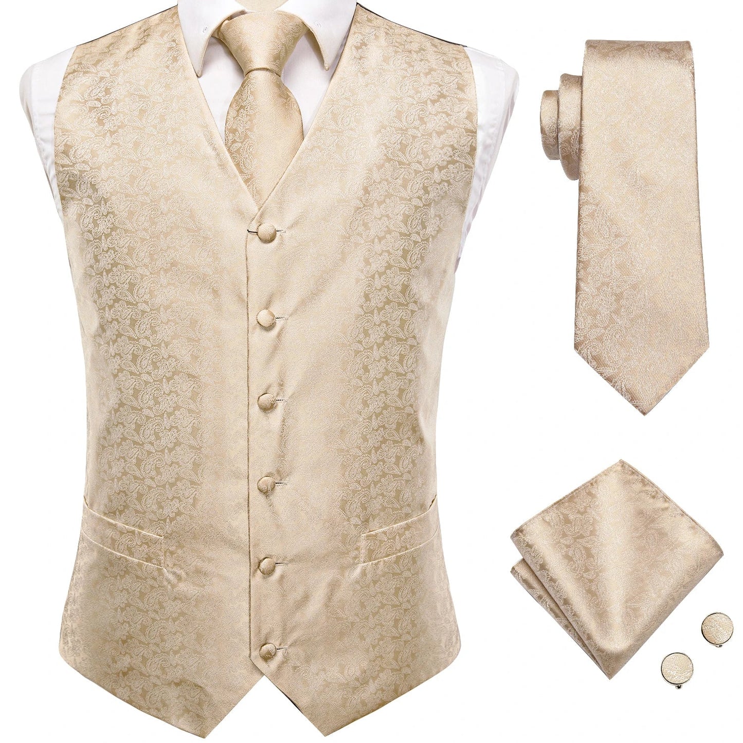 Champagne Mens Vest Tie Set Fashion Paisley Jacquard Western Waistcoat Necktie Hanky Cufflinks Wedding Business Gift Hi-Tie