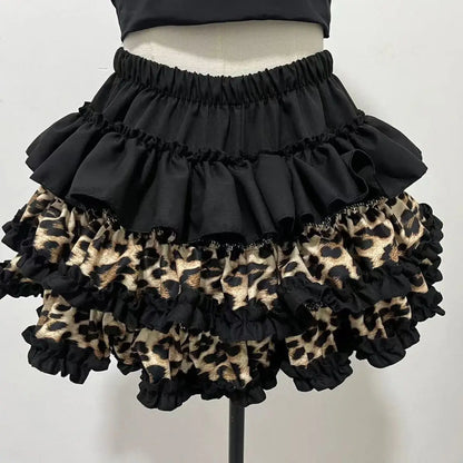 New Vintage Slim Y2k Mini Gothic Skirt Women Korean Fashion Leopard Patchwork Fluffy Skirt Aesthetic Retro Fit Chic Clothes 2025