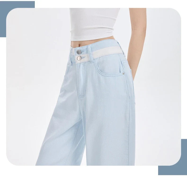 Loose Casual Wide Leg Denim Pants Summer New Thin 100% Cotton Women's High Waist Y2K Contrast Stitching All Match Baggy Jeans