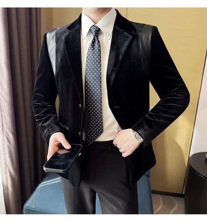 Leather Splicing Mercerized Velvet Suit Jacket 2025 Autumn New Men's High-end Business Slim Fit Fashion Party Tailcoat 4XL-M