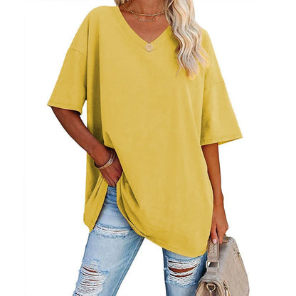 Women's Loose V-Neck Top Spring/Summer New Color Half Sleeve European American Style Clothing Amazon Foreign Trade