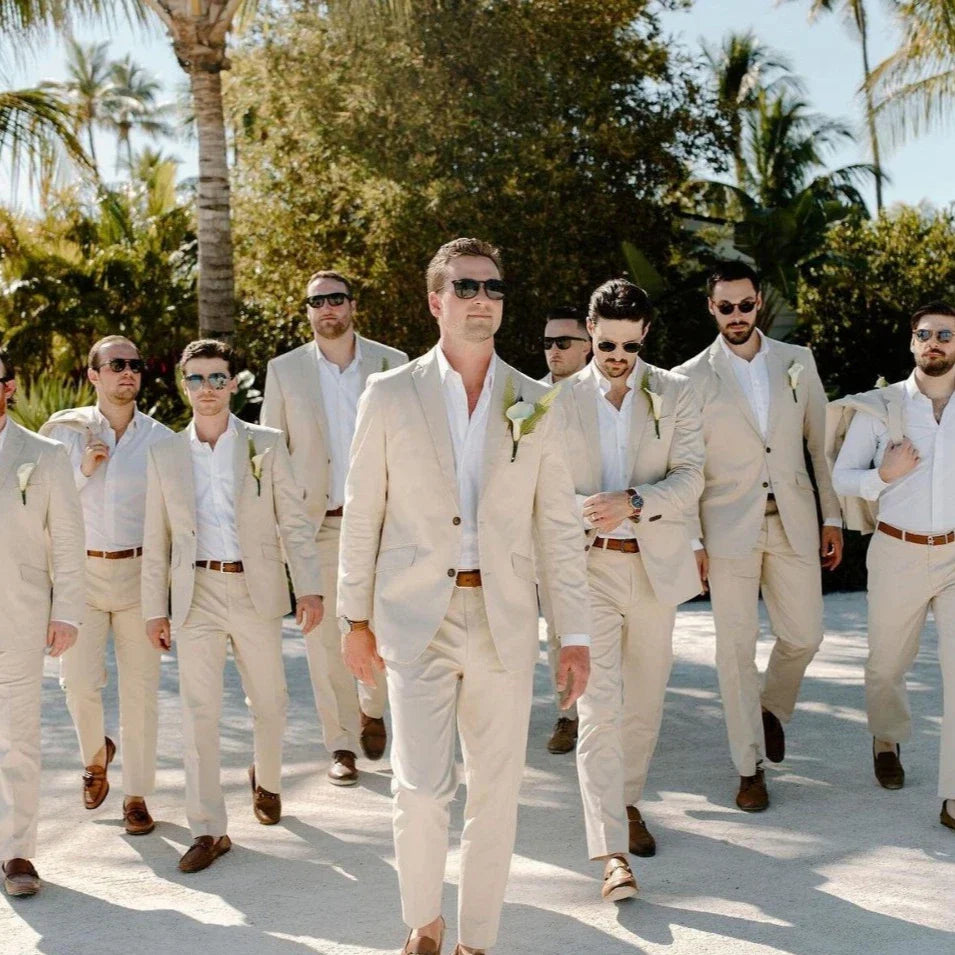 Beige Linen Wedding Suits for Groomsmen 2 Pieces Summer Men Suits Lightweight Breathable Blazer Pants Set Slim Fit Formal Outfit