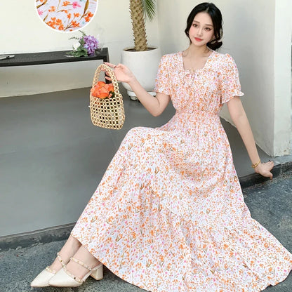 Summer New Cotton Silk Floral Print Maxi Dr ort Sve Beachwear High Waist Young Women's Large Skirt Swing Dr