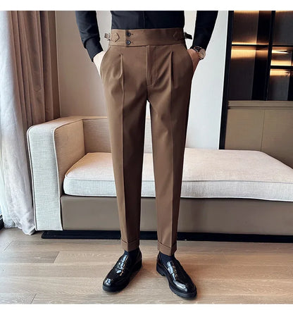 Autumn Winter High Waist Business Dress Pants Men Casual Belt Design Slim Suit Pants Formal Wedding Social Party Male Trousers