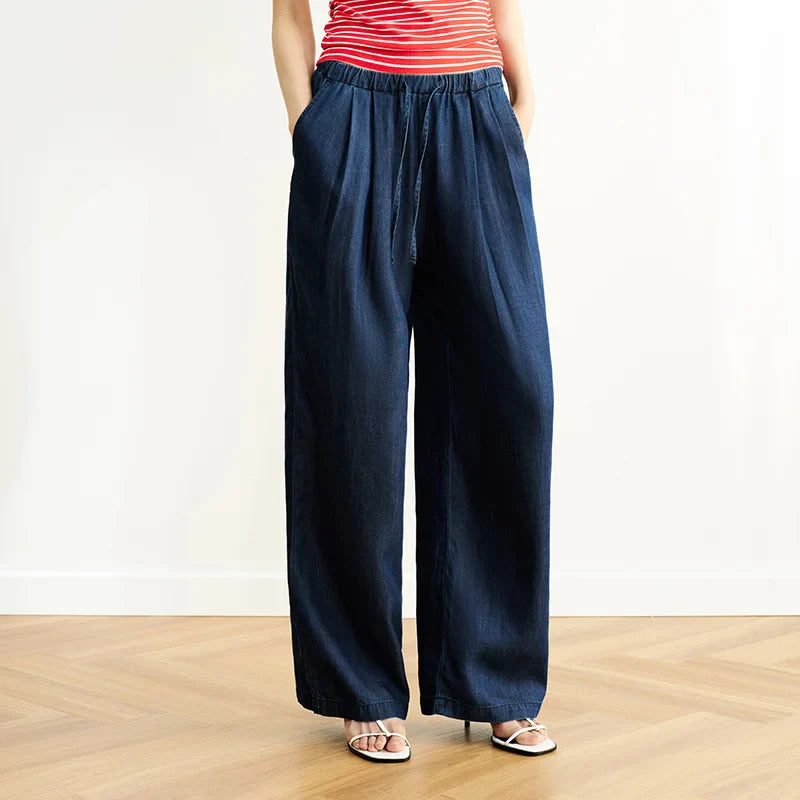 Elastic Waist Denim Pants Women Draped Fit 2025 Summer New Cooling Wide Leg Trousers