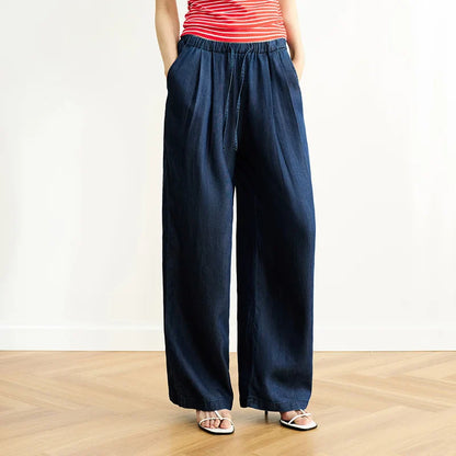 Elastic Waist Denim Pants Women Draped Fit 2025 Summer New Cooling Wide Leg Trousers