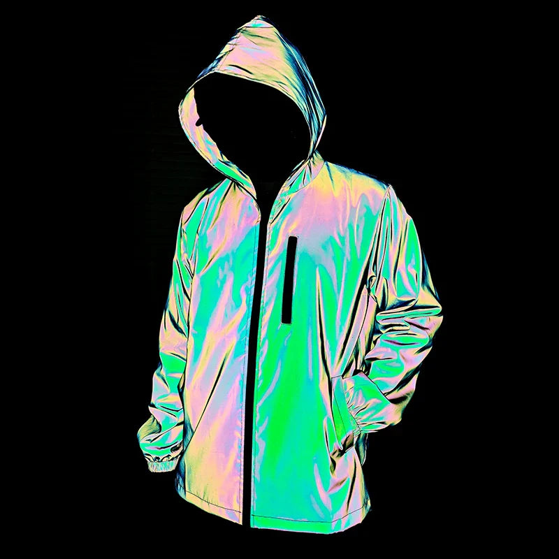 Men's Night Reflective Windproof Hooded Jacket Hip-hop Streetwear Couple Trend Coat for Outdoor Cycling Jogging Safety Clothing
