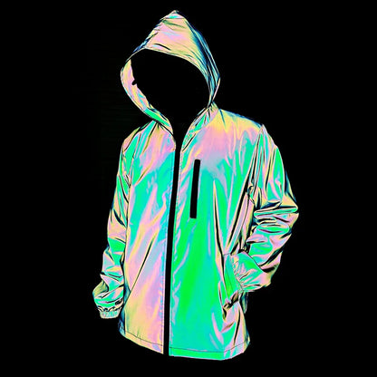 Men's Night Reflective Windproof Hooded Jacket Hip-hop Streetwear Couple Trend Coat for Outdoor Cycling Jogging Safety Clothing