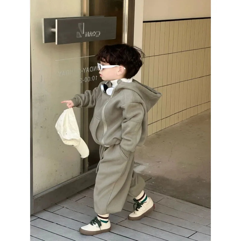 2 Pcs Hooded Set New Kid Clothing 2026 Autumn Winter Korean Boy Fleece Lining Thick Girl Fashion Sports Zipper Cotton Outfits