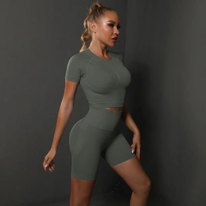2PCS Seamless Women Yoga Set Gym Sportswear Sport Top and Hight Waist Short Suit Fitness Workout Butt Lifting Short Tight Suit