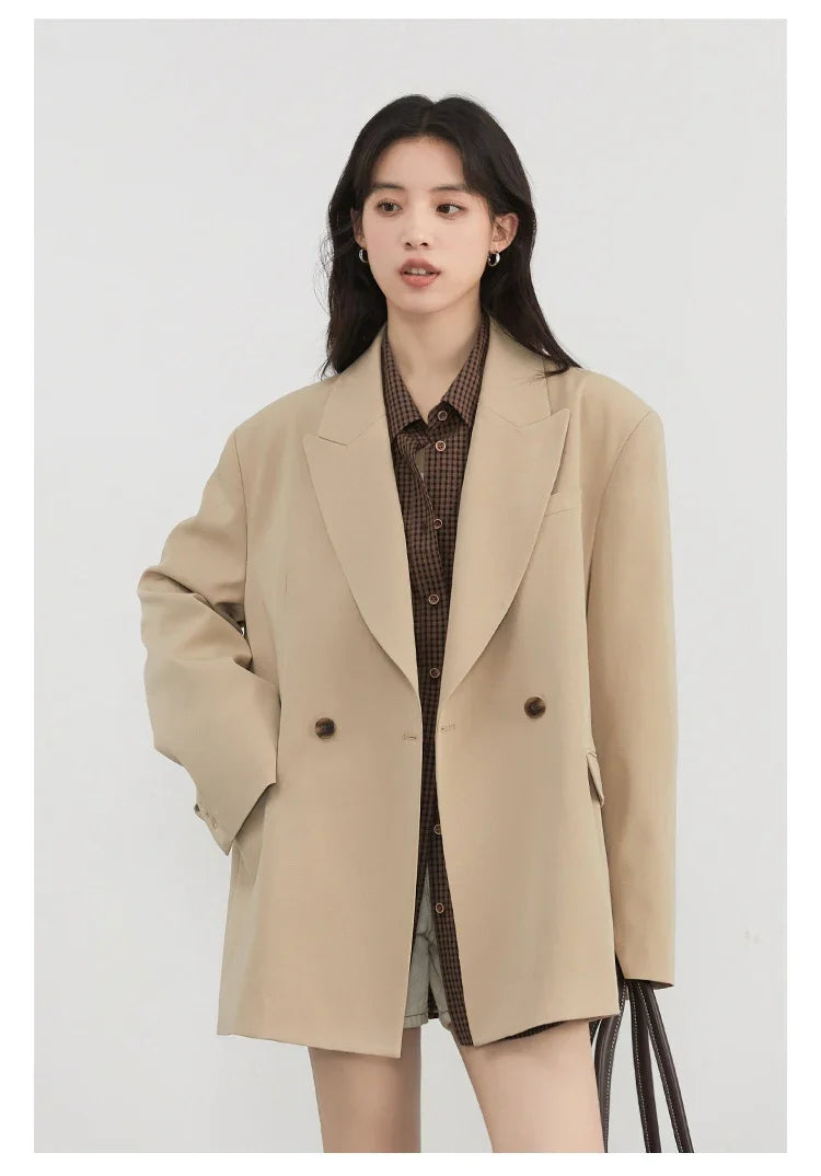 Women Blazers Solid Loose Double-breasted Wide Shoulder Office Ladies Suit Jacket Oversized Coat Spring Autumn 2026