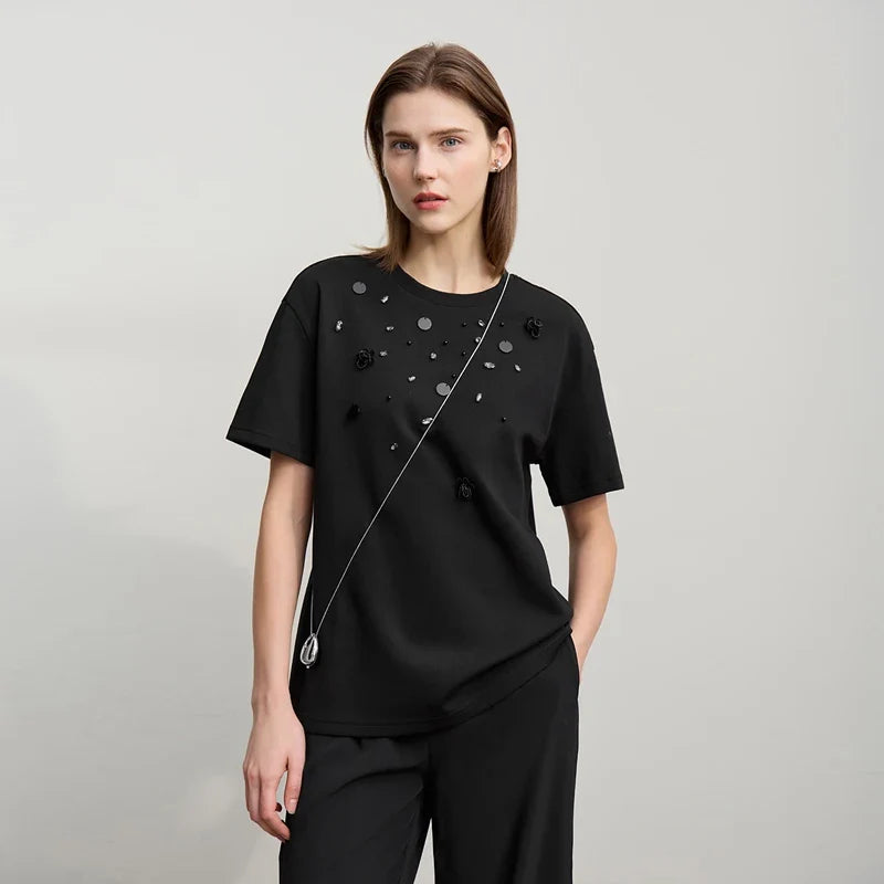 Short Sleeve Tee 2026 Spring New Crew Neck Three-dimensional Bead Flower Bead Diamond Knit T-Shirt Loose Women Top 12641038