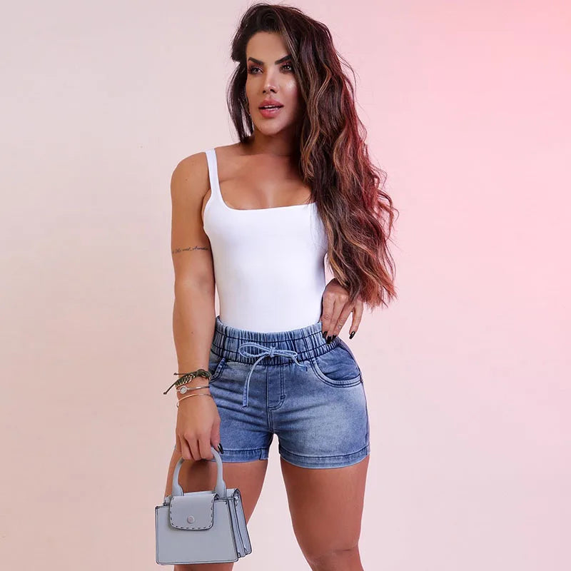 Luxury Fashion Slim Spring/summer New Slim Denim Shorts Women's High Waist Elastic Waist Lace-up Hot Pants