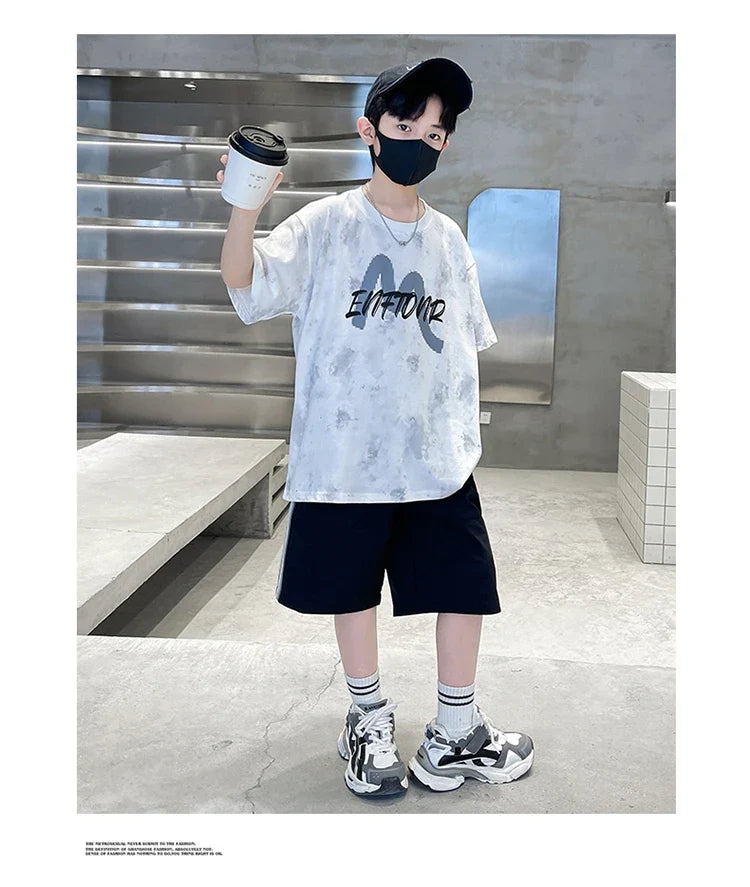 New Casual Boys Cotton Top summer Bottoms Clothes Set for Teenager Child Fashion Outfit Kids T-shirt Shorts Two Pieces Clothing
