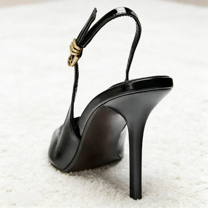 Sexy Black Pointed Toe Patent Leather Pumps Women Luxury Metal Ankle Strap Buckle Brand Designer Shoes Cozy Commuter Office Shoe