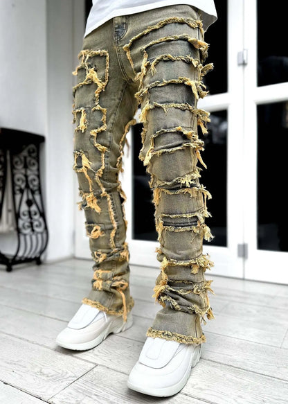 New European and American Heavyweight Streetwise Stretch Patch Jeans for Men, High Street Straight Fit Long Jeans16-3001
