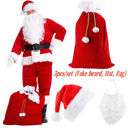 Santa Beard Christmas Costume Set,3pcs/set (Santa Claus Fake Long Beard and Hat,Storage Bag),Santa Beard Costume Accessories