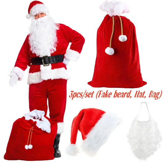 Santa Beard Christmas Costume Set,3pcs/set (Santa Claus Fake Long Beard and Hat,Storage Bag),Santa Beard Costume Accessories