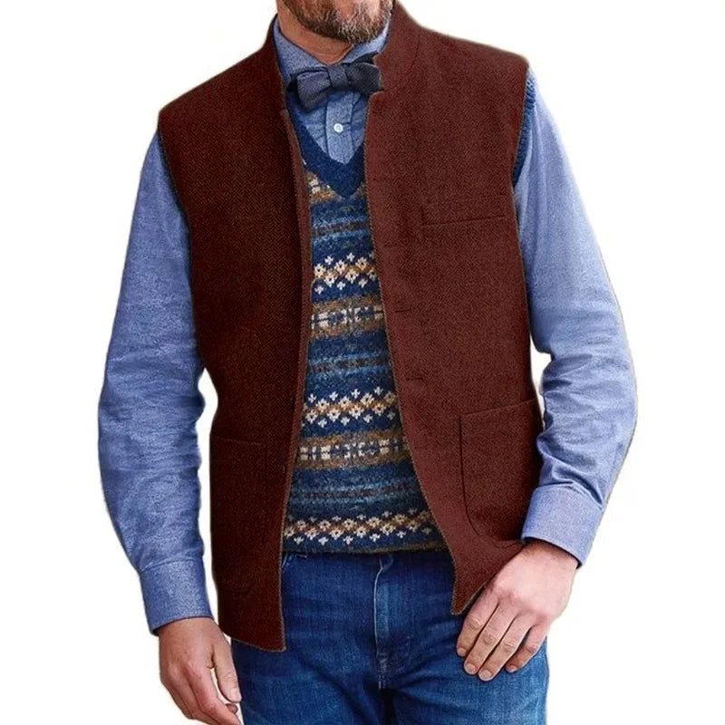 Men Vest Brown Herringbone Single Button Stand Collar Waistcoat For Wedding Business Banquet Work Daily Casual Men Suit Vest