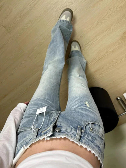 plus Size High Waist Blue Denim Jeans Women's Straight Leg Bootcut Pants Spring Summer Faion Retro American Sle