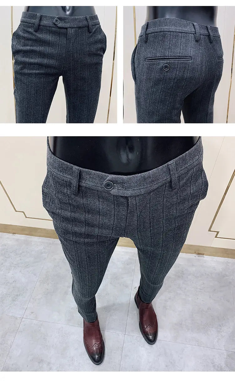 Autumn Winter Striped Woolen Cloth Suit Pants Men Casual Slim Straight Warm Trousers Formal Business Social Office Dress Pants