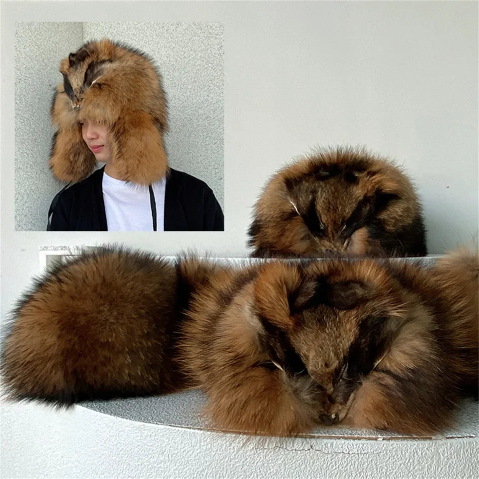 Men's Hat Winter Natural Raccoon Fur Er Hats Russian Hat Outdoor Warm Soft Luxury Quality Real Fur Cap Fur Hat for Men Caps