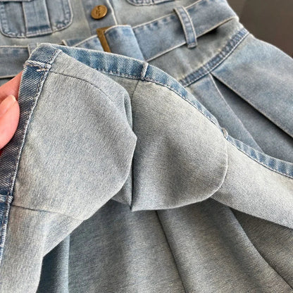 Summer New Girls Denim Dress Belt Decoration Lapel Collar Sleeveless Tutu Princess Dress For 2 -10 Years Kids Fashion Dress