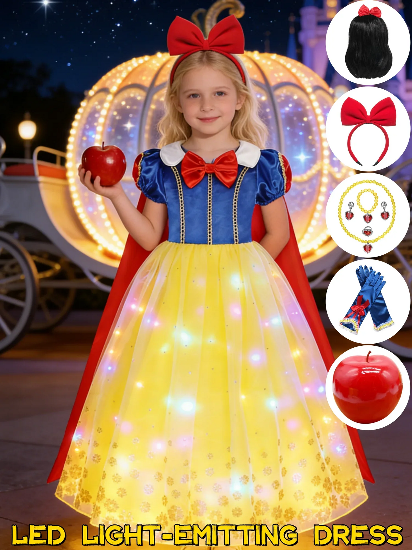 Popular Movie LED Princess Dress, White Snow Dress, With Cape And Headpiece For Halloween Carnival Birthday Party Cosplay