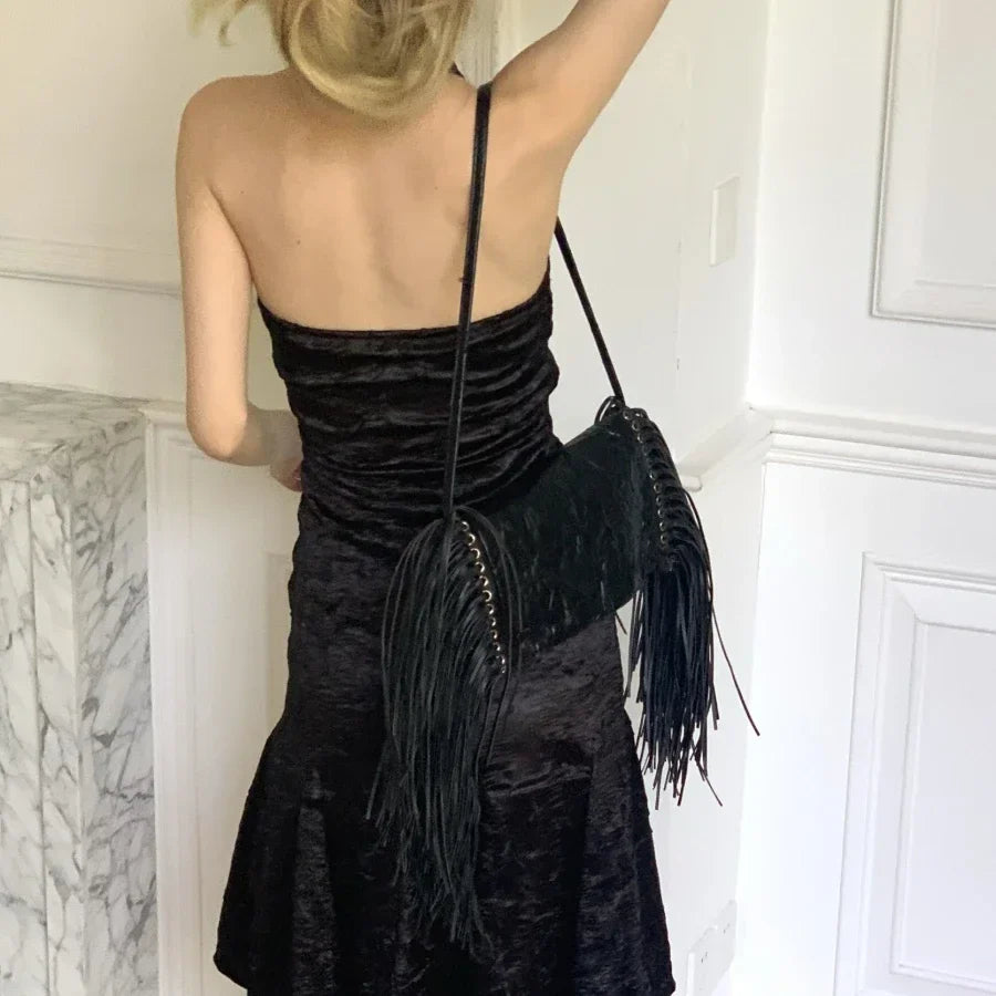 Rock Long Tassel Rivet Punk Pleated Women Armpit Bag Black Pu Leather Female Shoulder Bags Street Fringed Ladies Clutches