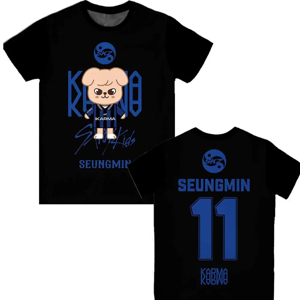 2026 New KPOP KARMA Fan Support T-Shirt Korean Fashion HYUNJIN Cartoon Print Tee Men's Women's Y2K Harajuku Style Round Neck Top