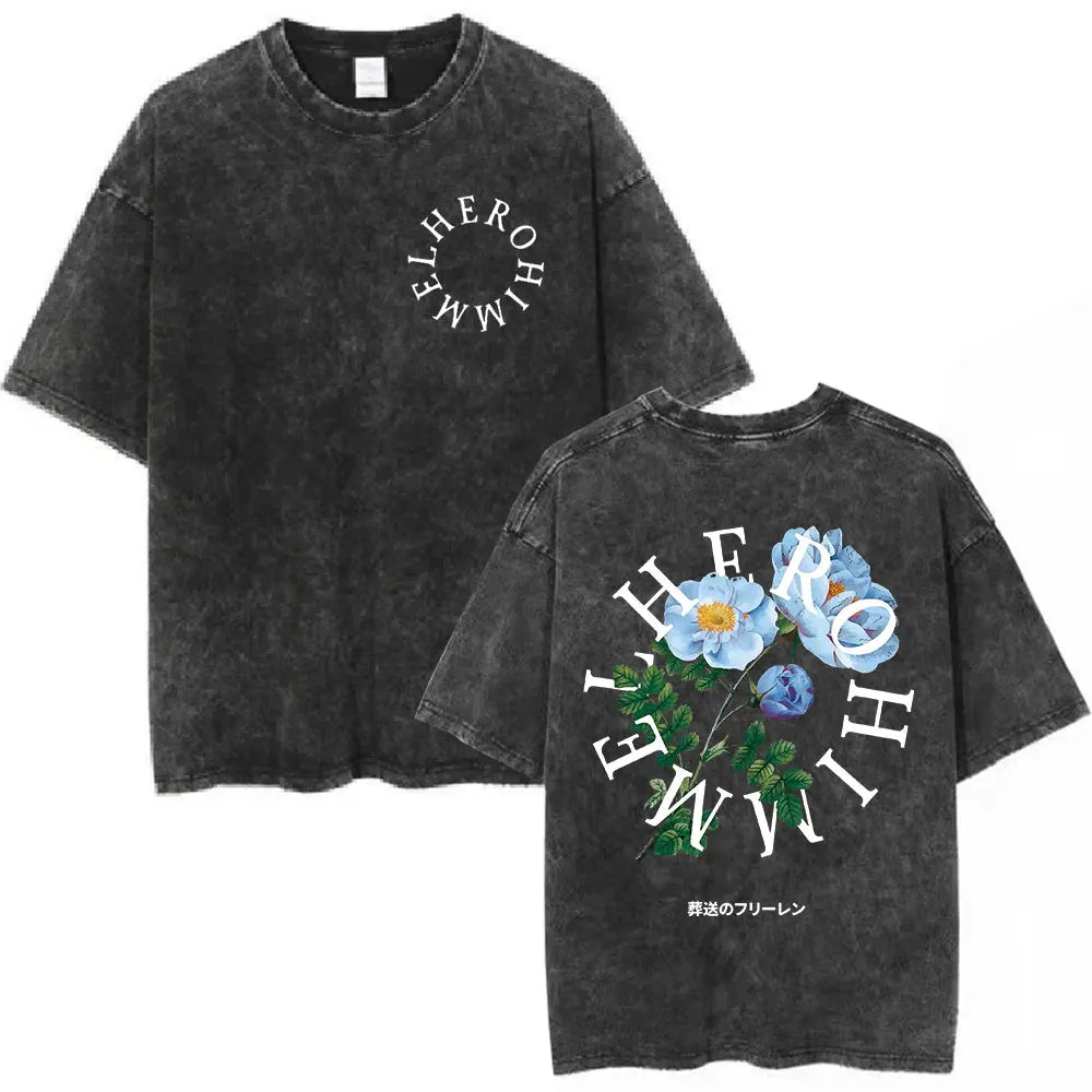 Anime Frieren: Beyond Journey's End Graphic Washed Vintage T-shirt Men's Women Fashion Short Sleeve Cotton Casual Loose T Shirts