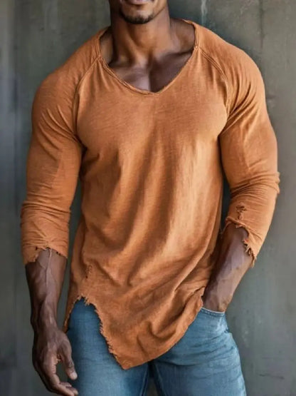 Men's Workout V-Neck T-Shirt,  Fitness Training Apparel, Fashion Distressed Ripped Craft on Cuffs and Hem,  Casual Outdoor