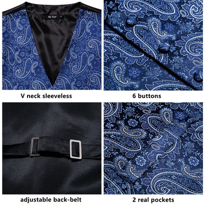 20 Color Men's Vests Tie Business Formal Dress Slim Sleeveless Jacket 4PC Hanky Cufflink Blue Paisley Suit Waistcoat