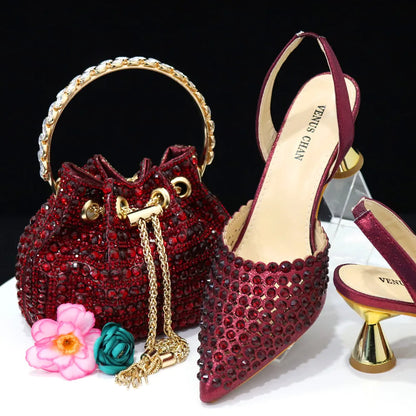 2023 New INS High-Heeled Pointed Toe Wedding Shoes Colorful Full Diamond Design Shoe and Bag Set for Nigeria Party