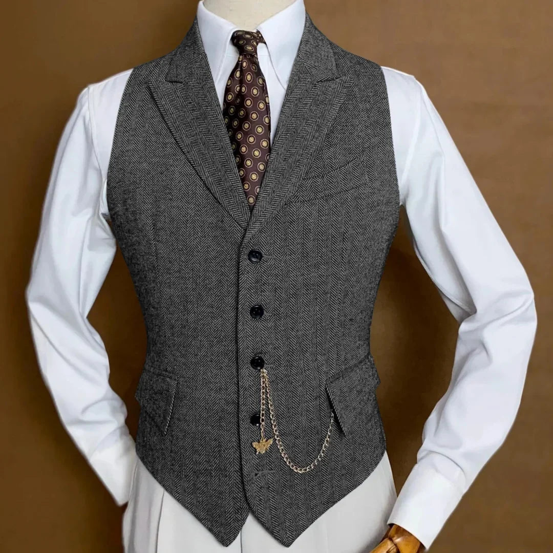 Men Vest Gray Herringbone Single Button With Lapel Waistcoat For Wedding Banquet Party Business Office Work Daily Men Suit Vest