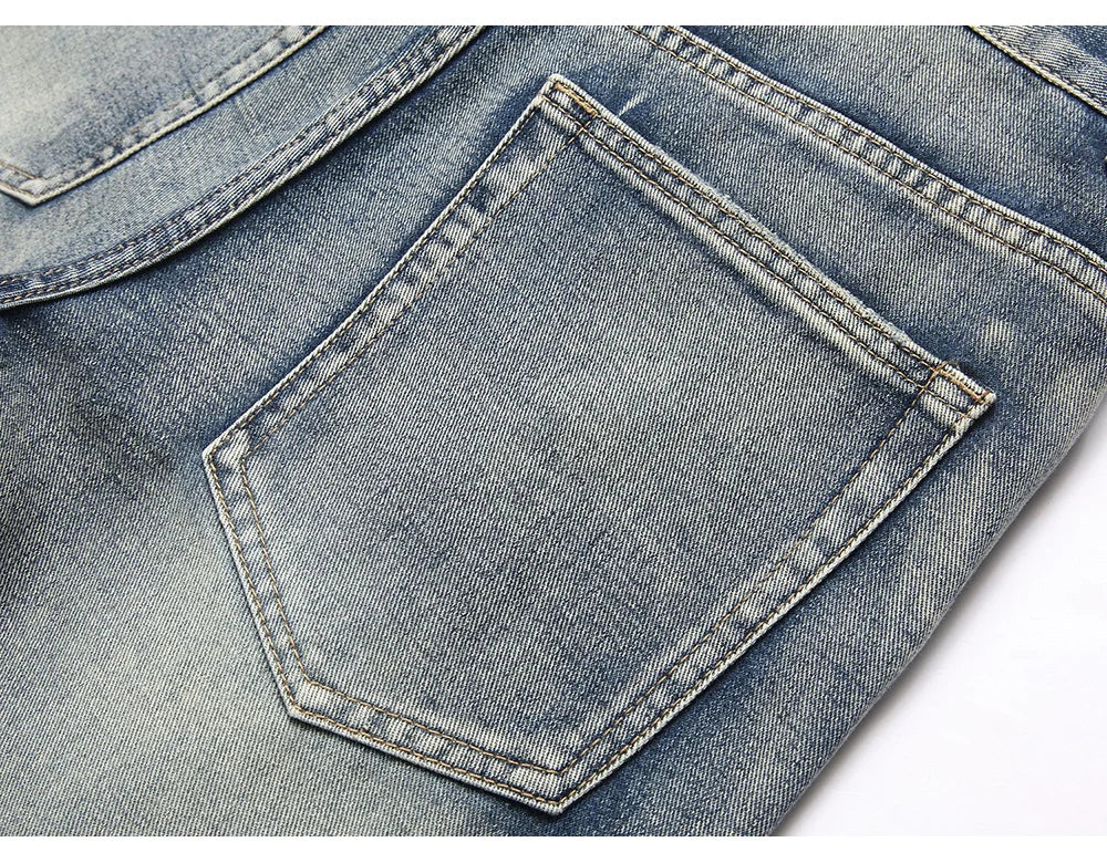 Men's Boot Cut Jeans Streetwear Patches Released Hem Pants Vintage Blue Embroidery Patchwork Flared Trousers