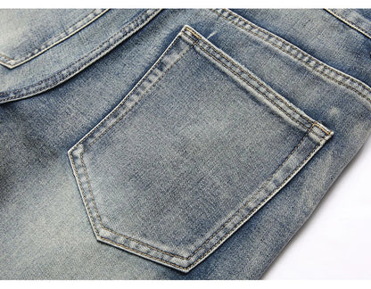 Men's Boot Cut Jeans Streetwear Patches Released Hem Pants Vintage Blue Embroidery Patchwork Flared Trousers