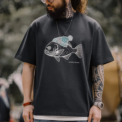 Vintage Flocked Print Short-sleeved T-shirts Animal Pattern Cotton Round Neck Tops for Men's Summer Casual Loose Fit Tee