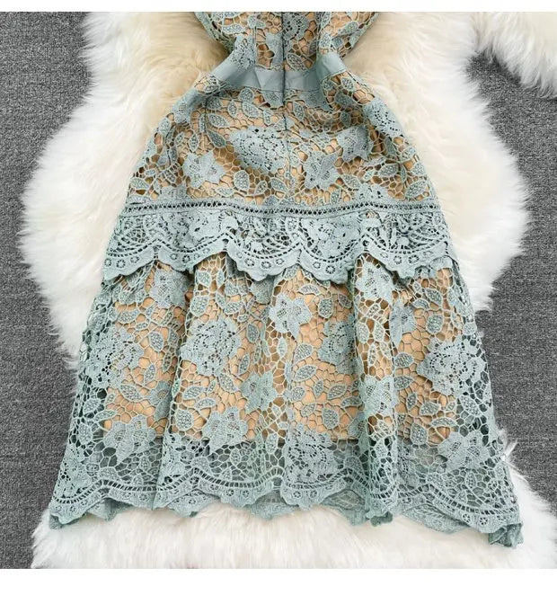 Retro Court Sle round Ne Fly Sve Slimming Soluble Hook Flower Hollow A-Line Dr Summer New Arrival Women's Faion