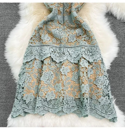 Retro Court Sle round Ne Fly Sve Slimming Soluble Hook Flower Hollow A-Line Dr Summer New Arrival Women's Faion