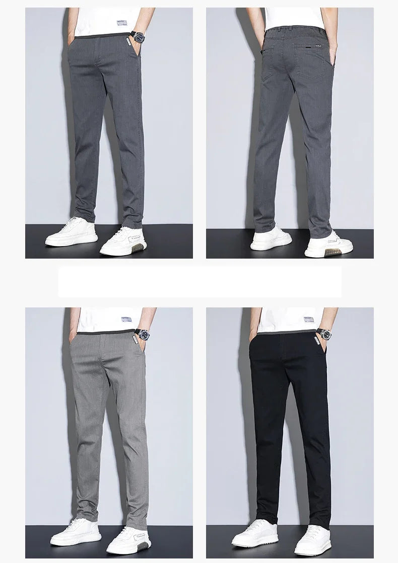 Spring Summer Thin Men's Slim Straight Casual Pants Fashion Korean Solid Color Elastic Comfortable Business Gray Trousers