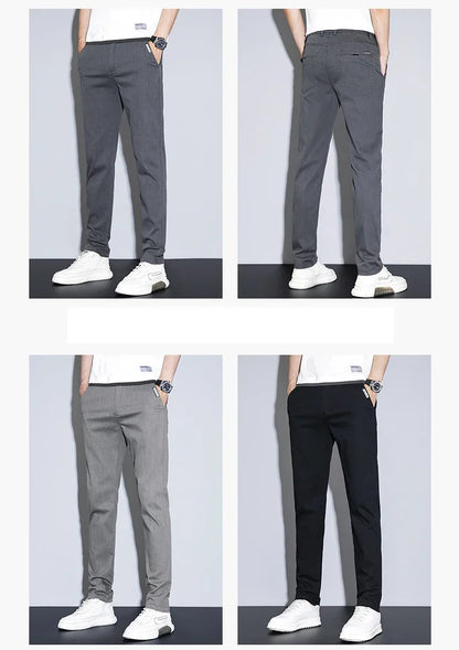 Spring Summer Thin Men's Slim Straight Casual Pants Fashion Korean Solid Color Elastic Comfortable Business Gray Trousers