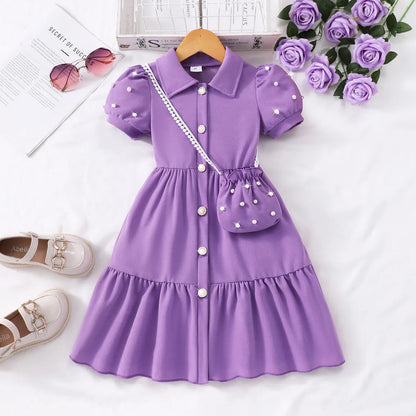 【Free Bag】 Toddler Girl Dress Summer Pearl Casual Cute Children Princess Dresses Birthday Party Kids Girls Dress 3 4 5 6 7 Yrs