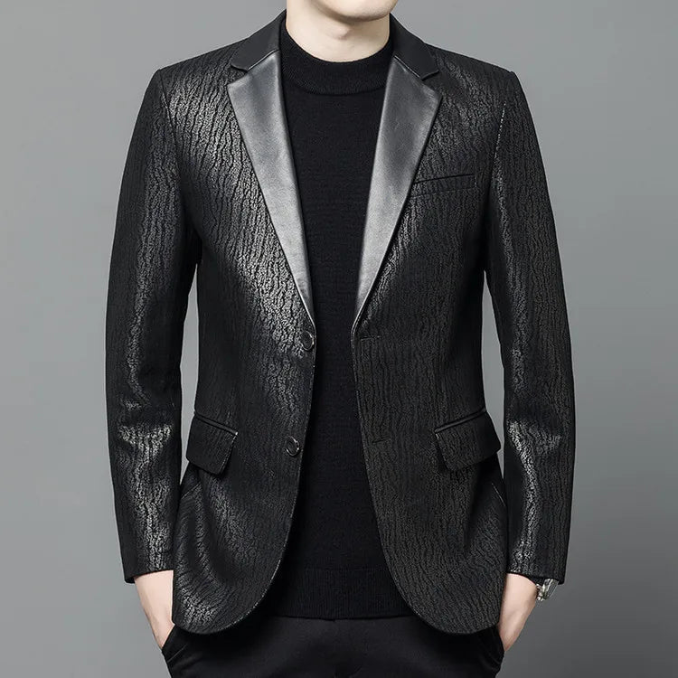 Luxurious Sheepskin Blazers For Men Smooth Casual Leather Jacket Winter Top Quality Leopard Print Slim Gentleman Terno Masculino
