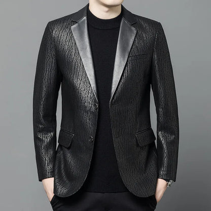 Luxurious Sheepskin Blazers For Men Smooth Casual Leather Jacket Winter Top Quality Leopard Print Slim Gentleman Terno Masculino