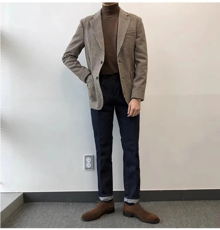 Autumn and Winter Casual Men's Retro Tweed Houndstooth Suit Men's Plus Size Outwear British Gentleman Wool Suit Trendy